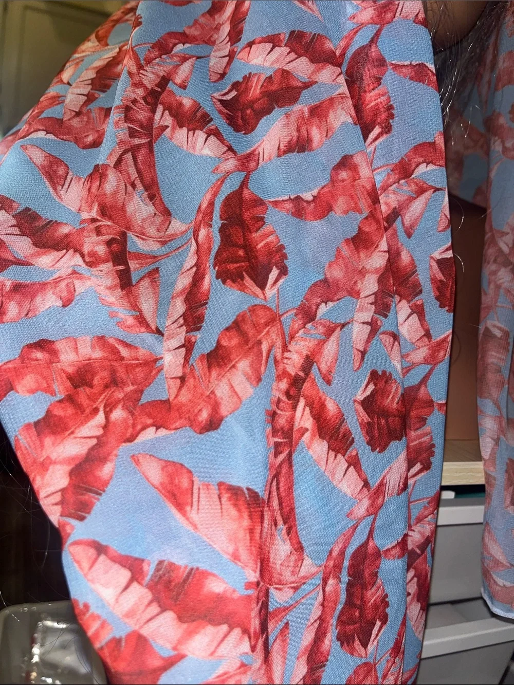 Coral Red and Blue Tropical Leafy Lightweight Scarf S48